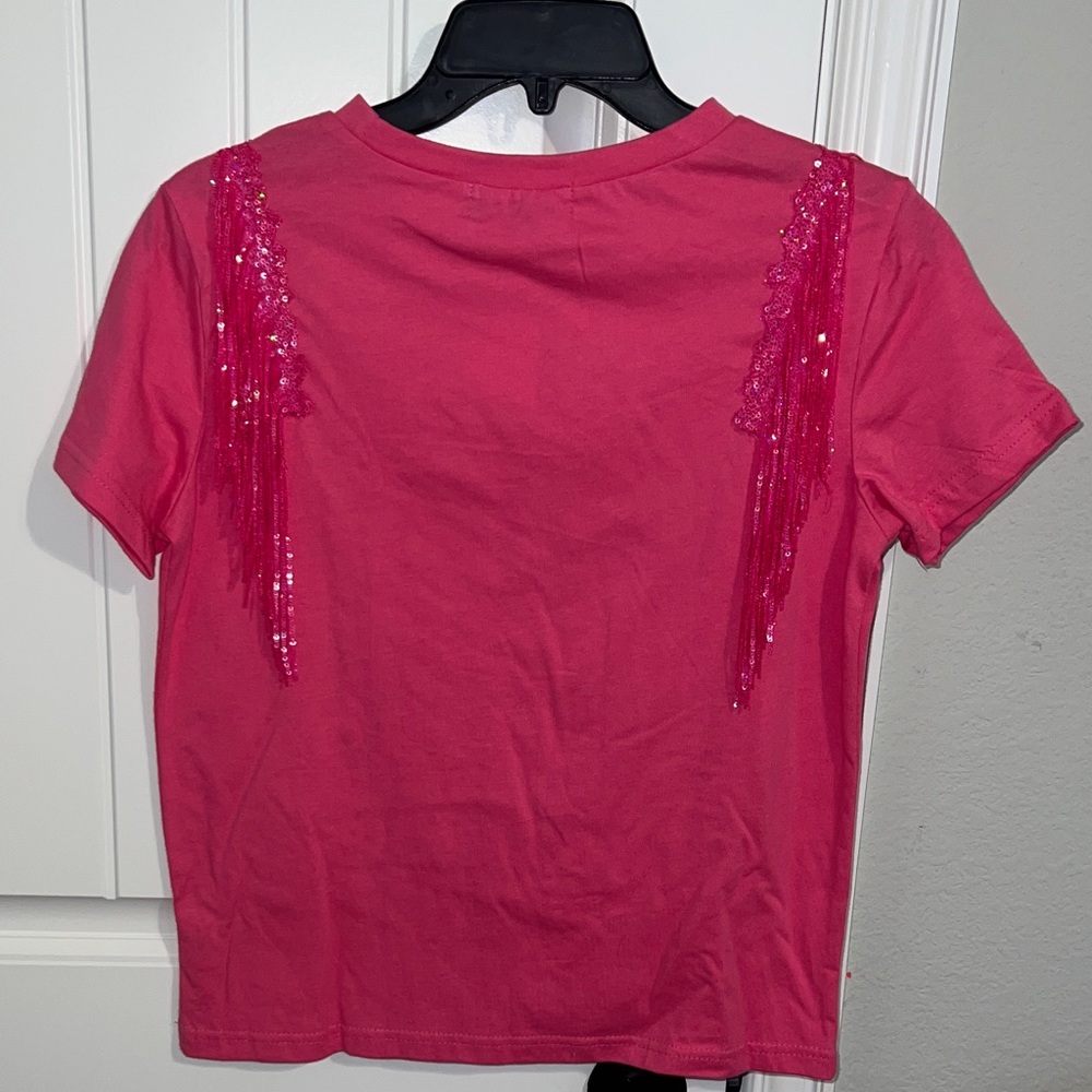 NWT! Concert | Festival Pink Short Sleeve Tee with Sequin Fringe! size SMALL - Picture 5 of 9